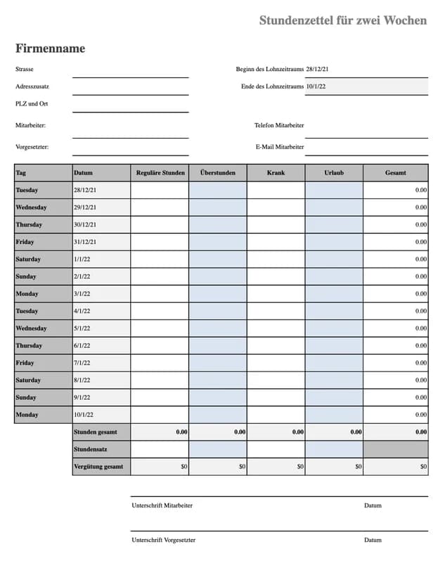 Vorschau der Excel-Vorlage mit Arbeitszeit, Krankenstand und Urlaub