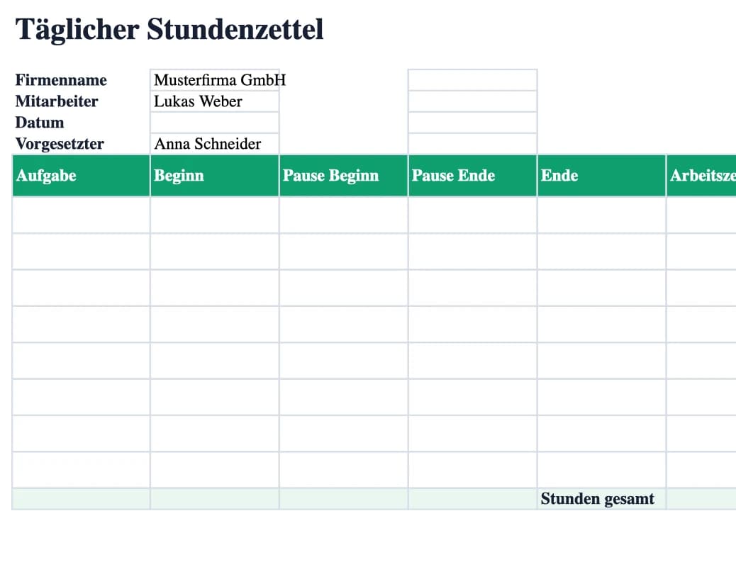 Excel-Vorschau: Täglicher Stundenzettel