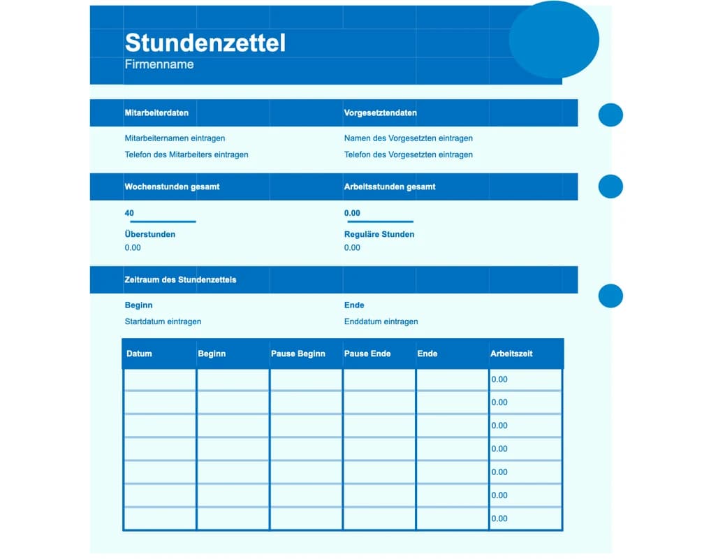 Vorschau der einfachen Excel-Vorlage für Arbeitszeitlisten