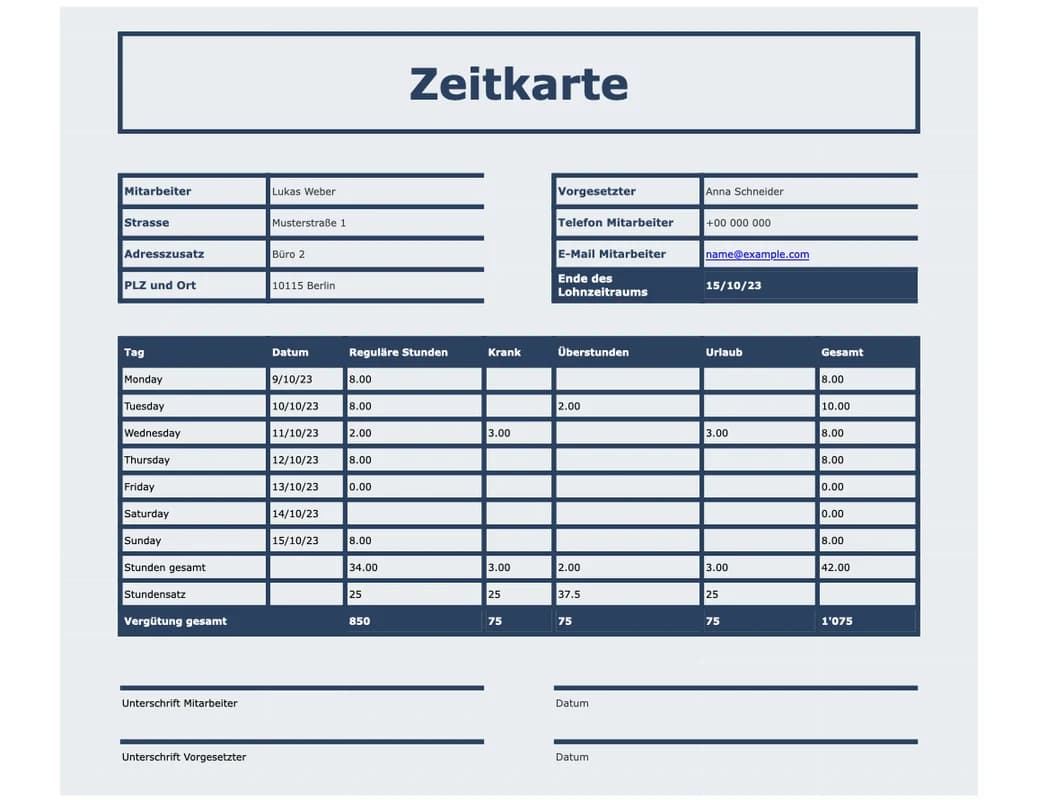 Vorschau der Excel-Stundenzettel-Vorlage mit Beginn, Ende und Pause