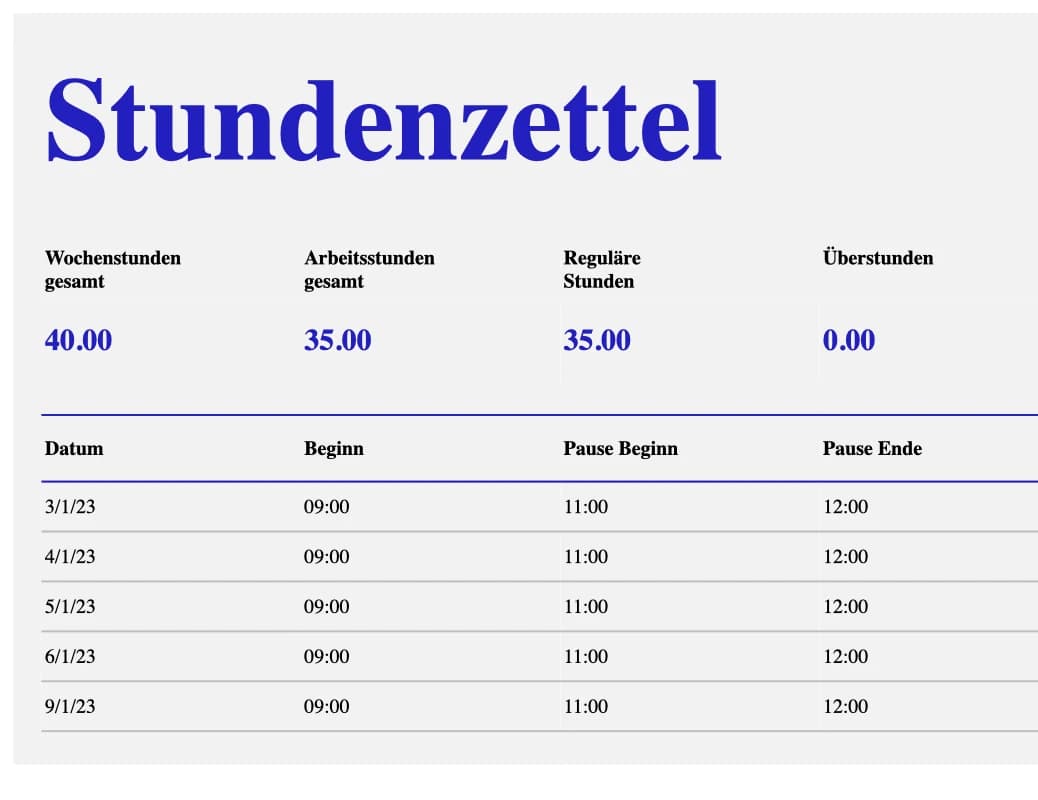 Vorschau der Excel-Vorlage für wöchentliche Arbeitszeiterfassung