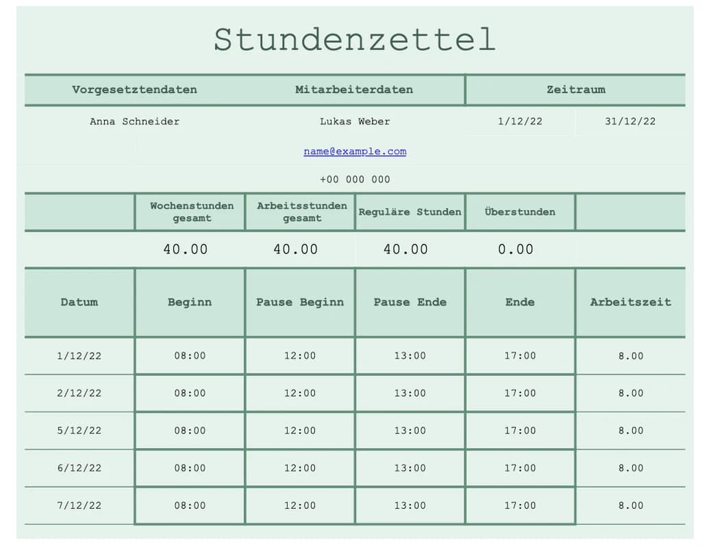 Vorschau der Excel-Vorlage für detaillierte Stundenberichte